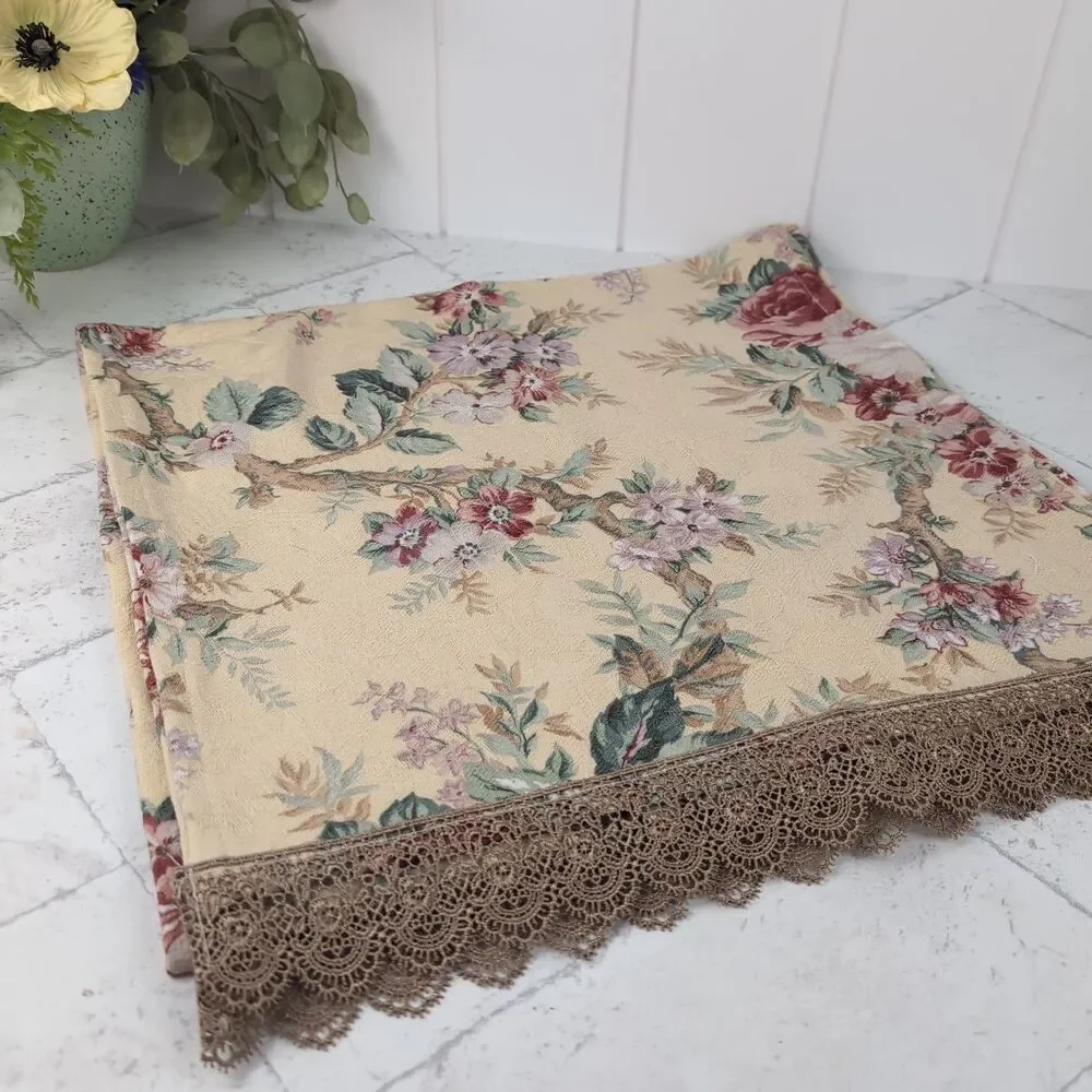 Beige Jacquard Floral Table Runner with Gold Lace Trim French Country Cottage